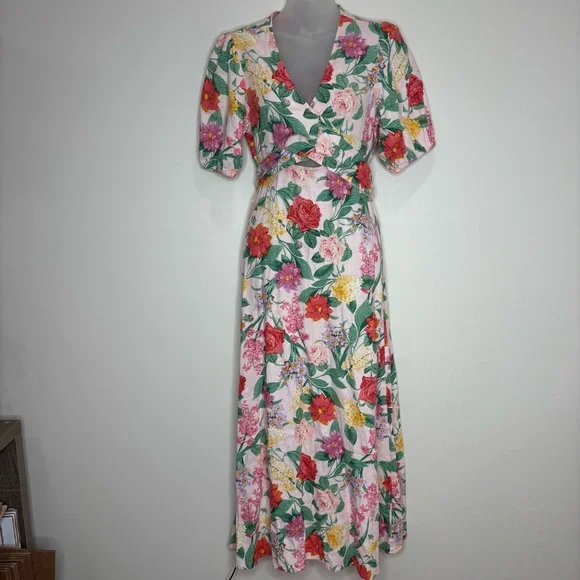 OLD NAVY Fit & Flare Linen-Blend Maxi Dress Floral Boho Coastal Small pink green - Picture 2 of 9